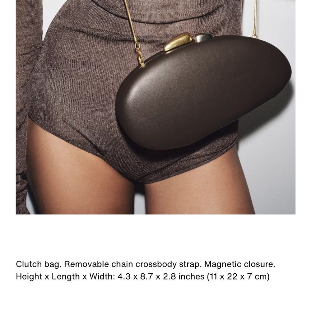 Zara NWT brown clutch bag irregular oval asymmetrical removable gold chain strap - Picture 6 of 6